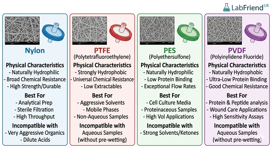 Syringe filter membrane chemical compatibility chart for PTFE, Nylon, PES, and PVDF with common laboratory solvents like Acetonitrile and Methanol.